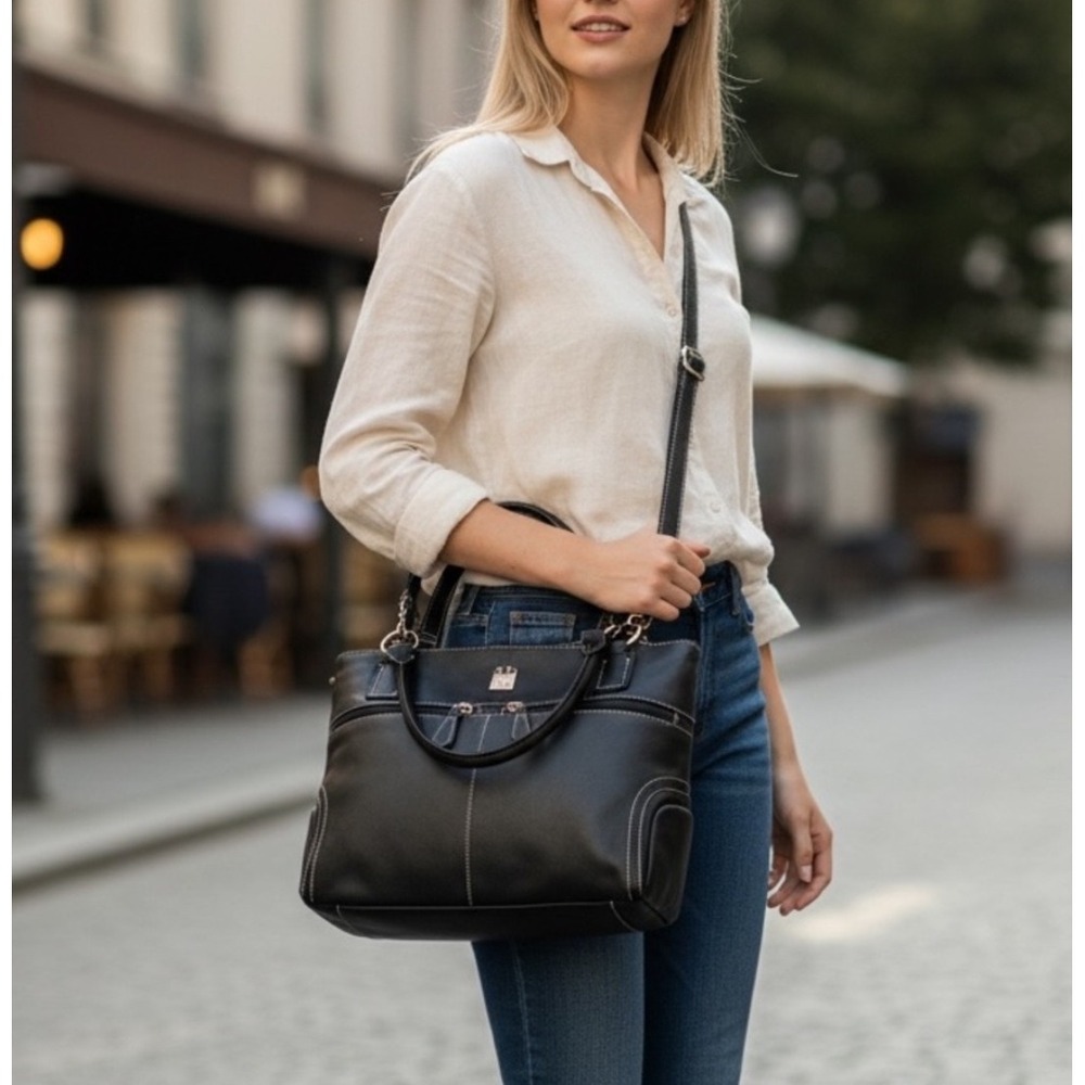 Stone & Co Black Bonded Leather Crunch Tote Bag Crossbody Handbag 68490